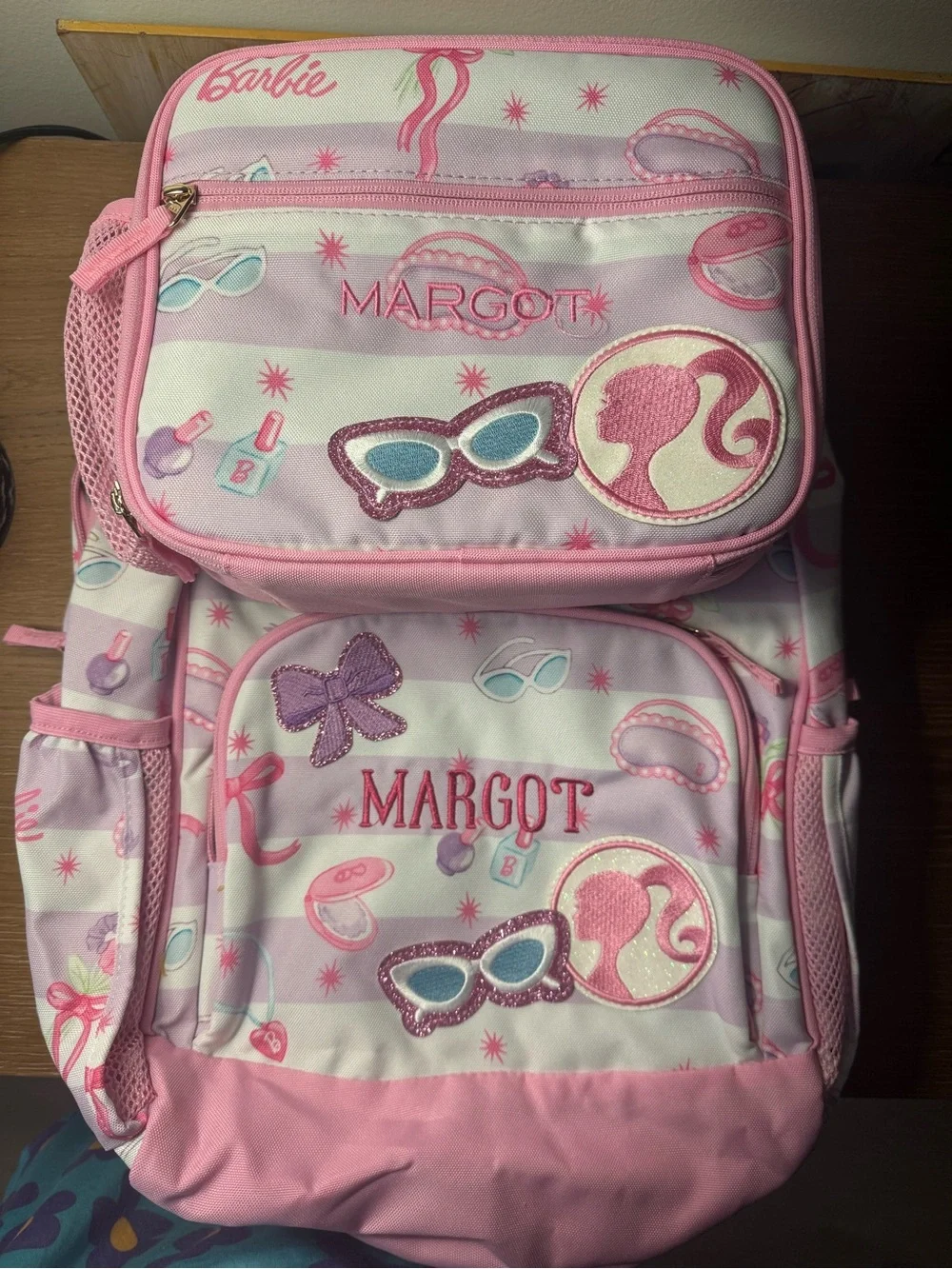 Barbie Pink Striped Kids Backpack with Sunglasses Motif